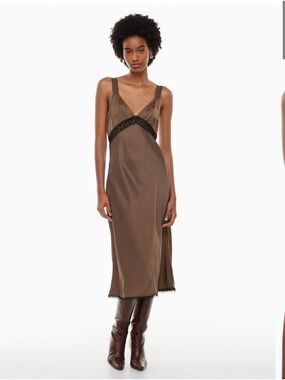 Wilfred Aritzia Twilight Satin Lace V-neck Midi Slip Dress Chocolate Brown Black